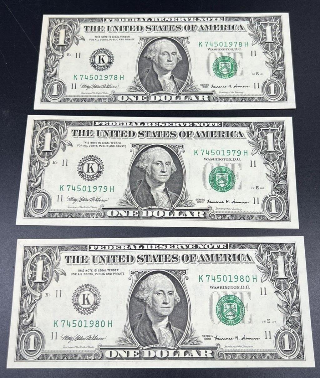 3 consecutive 1999 $1 FRN Federal Reserve Note Green Seal CH UNC Bill Lot
