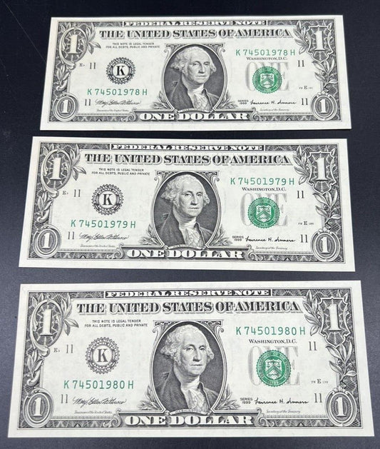 3 consecutive 1999 $1 FRN Federal Reserve Note Green Seal CH UNC Bill Lot