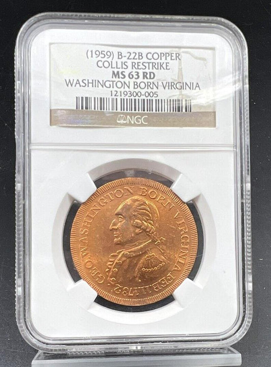 1959 B-22B Copper Collis Restrike Washington Born Virginia MS63 RD RED NGC