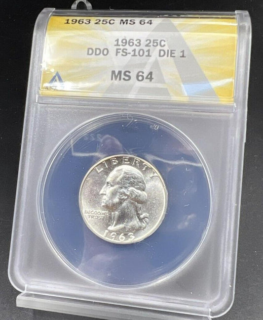 1963 P Washington Quarter ANACS MS64 DDO FS-101 DIE 1 BU UNC Certified Variety