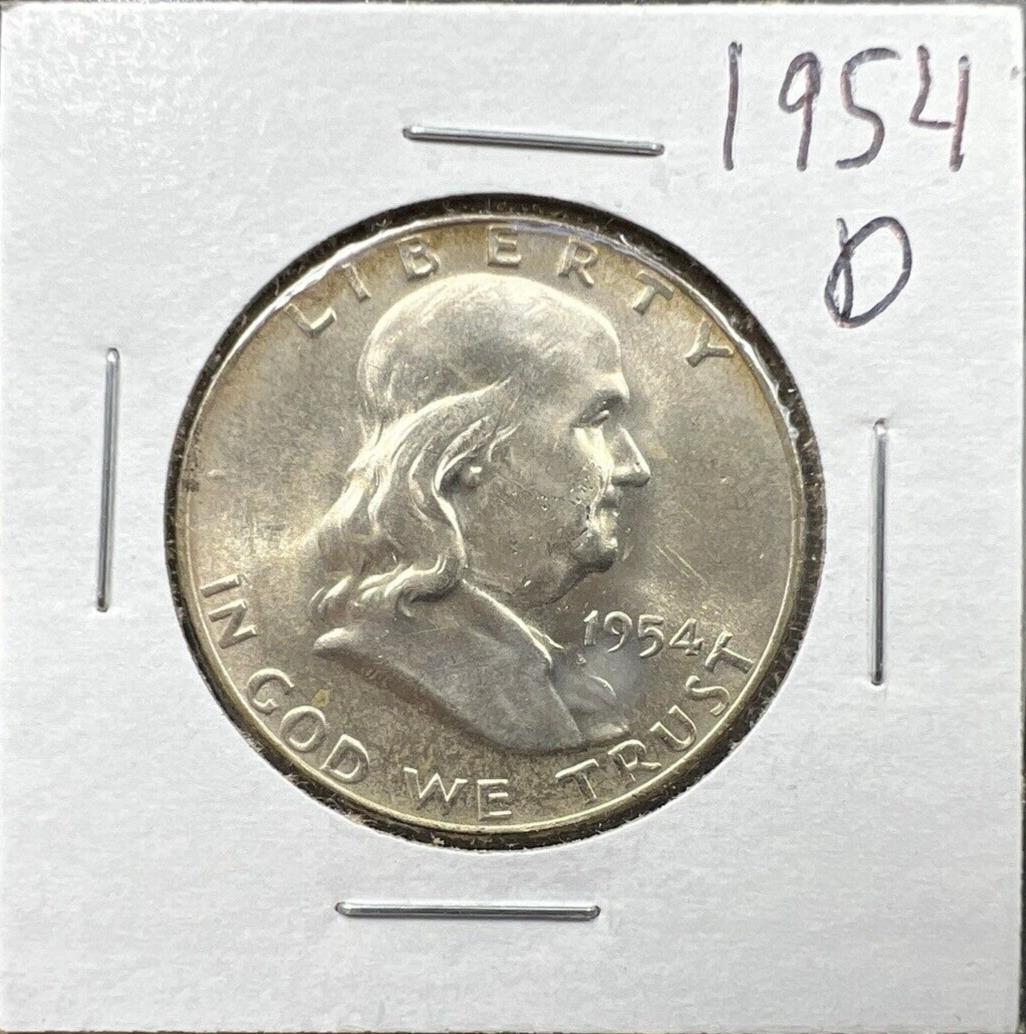 1954 D Franklin Silver Half Dollar Coin BU UNC FBL Full Bell Line Toning Reverse