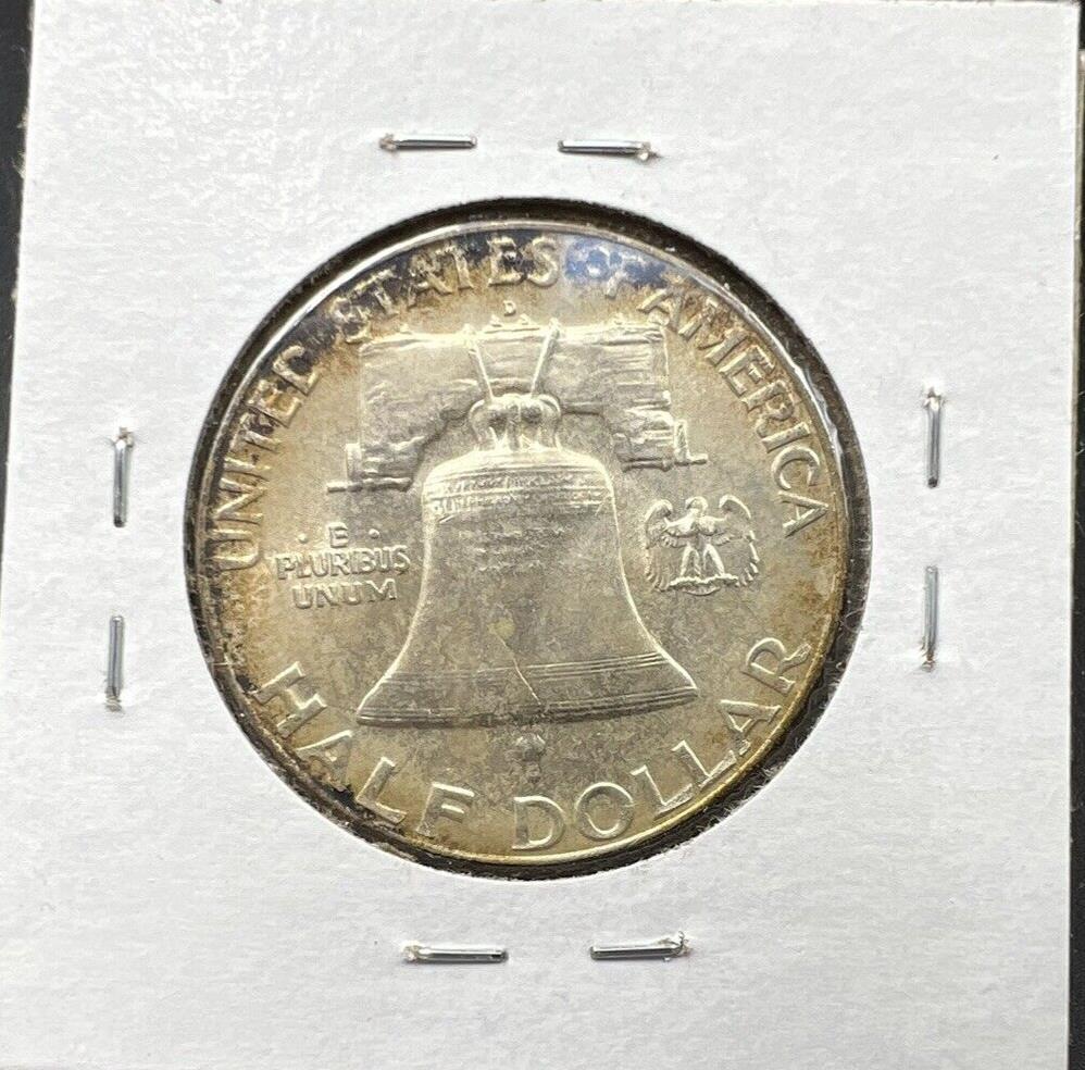 1954 D Franklin Silver Half Dollar Coin BU UNC FBL Full Bell Line Toning Reverse
