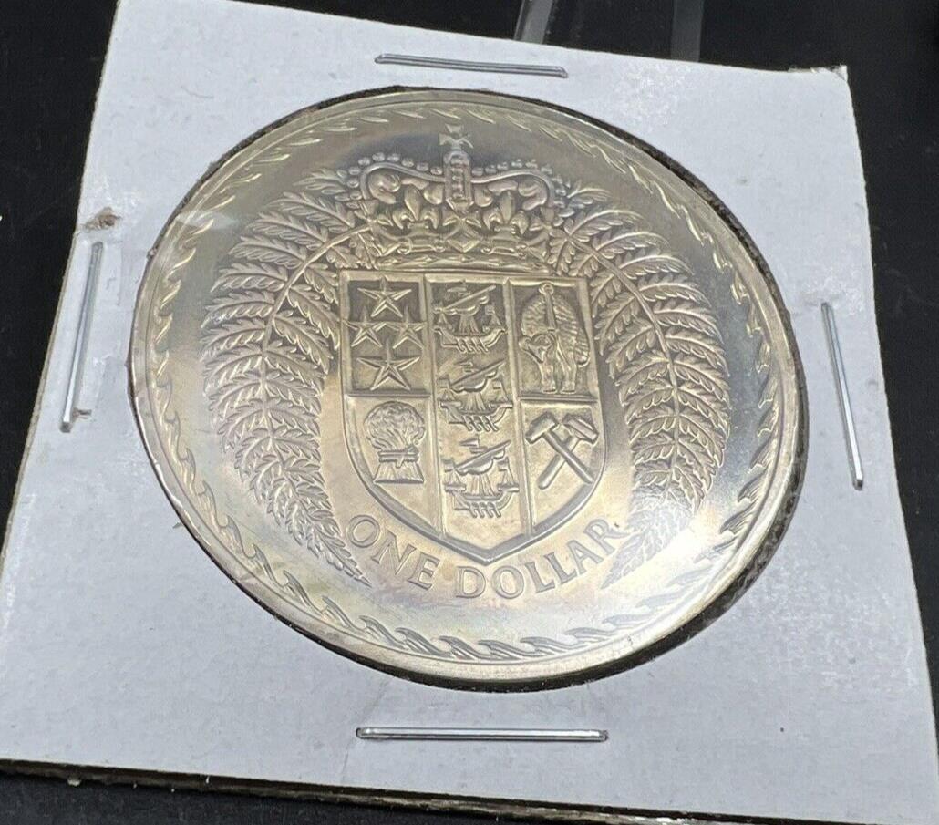1967 New Zealand Copper Nickel Proof Like Dollar Coin PQ Rainbow Toning Reverse