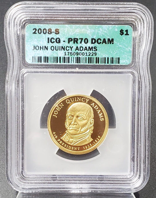 2008 S John Quincy Adams Presidential Dollar Coin ICG PF70 DCAM