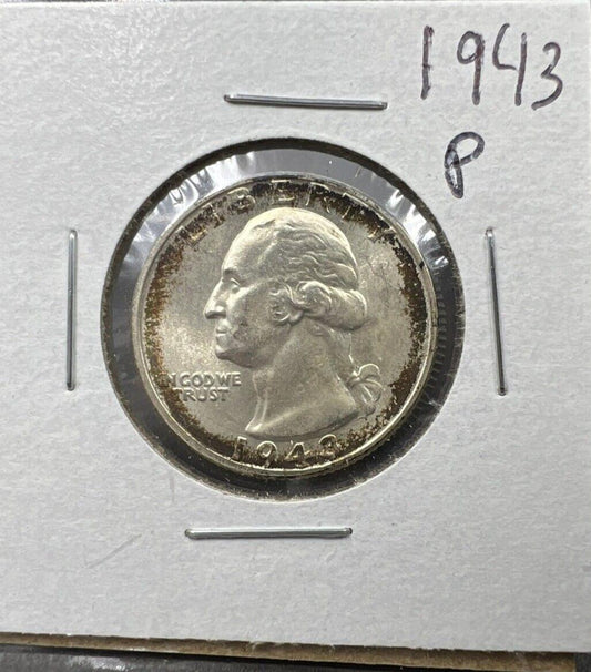 1943 P 25c Washington Quarter Coin Choice BU UNC Nice Halo Toning Toner WW2 ERA