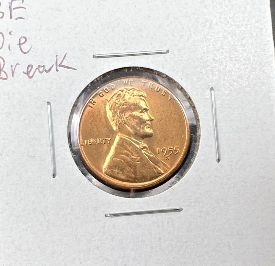 1955 S Lincoln Wheat Cent Penny CH BU Die Break chips in Liberty #G