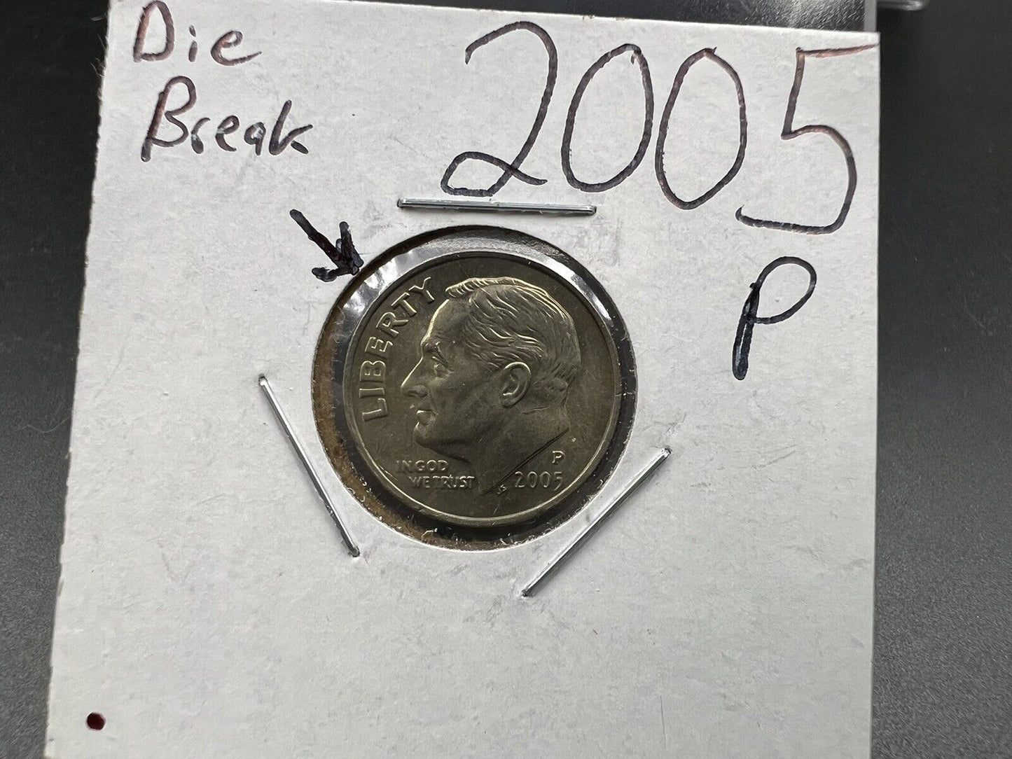 2005 P Roosevelt Dime Coin Die Break Extra Eye Brow obverse AU