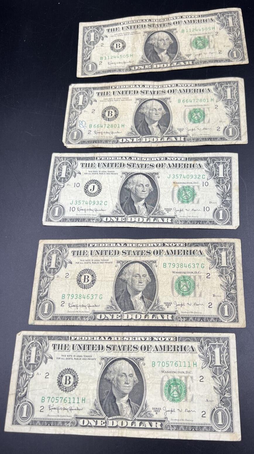 5 Note lot 1963 B $1 Barr Signature Federal Reserve Note FRN Green Seal G - VG 2