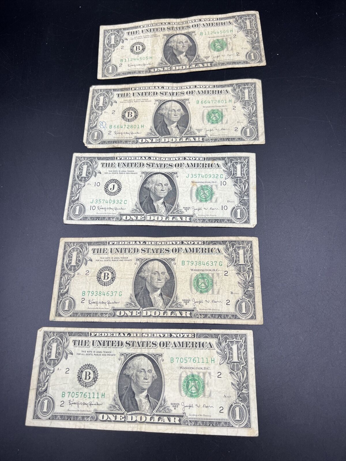 5 Note lot 1963 B $1 Barr Signature Federal Reserve Note FRN Green Seal G - VG 2