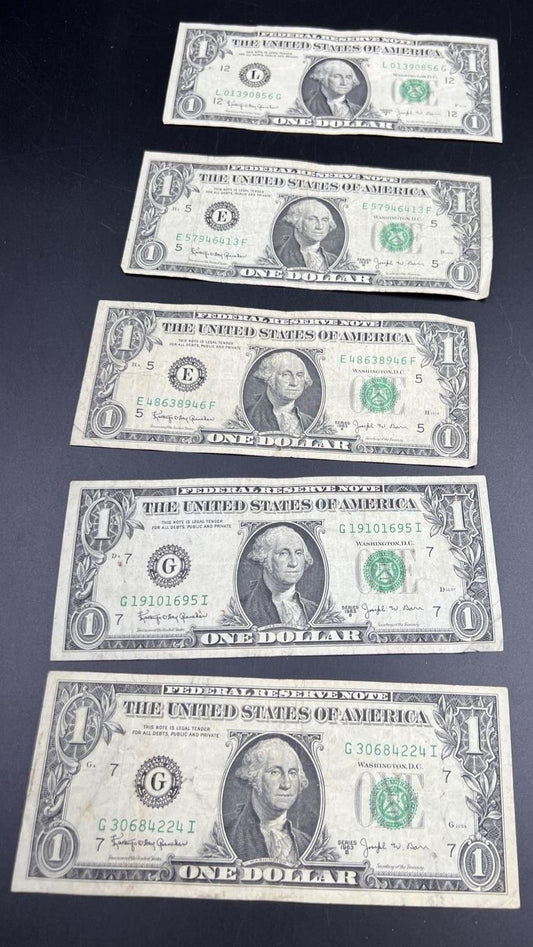 5 Note lot 1963 B $1 Barr Signature Federal Reserve Note FRN Green Seal VG +