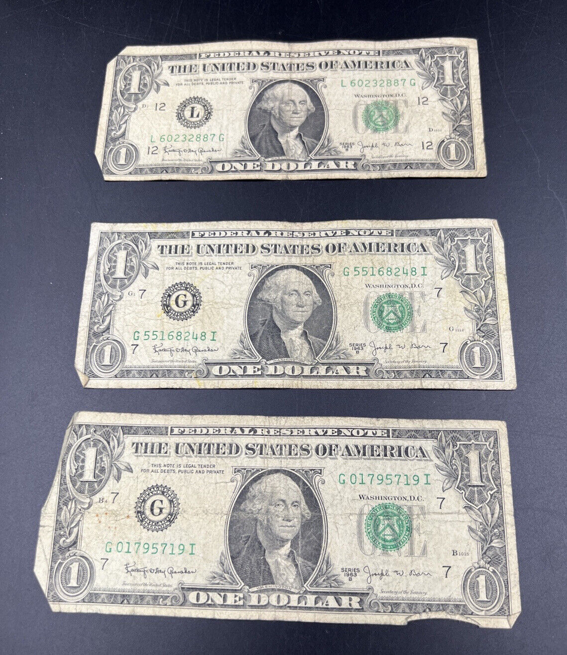 Lot of 3 1963 B $1 Barr Signature Federal Reserve Note FRN Green Seal CULLS