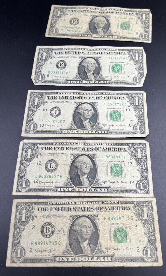 5 NOTE LOT 1963 B $1 Barr Signature Federal Reserve Note FRN Green Seal G / VG