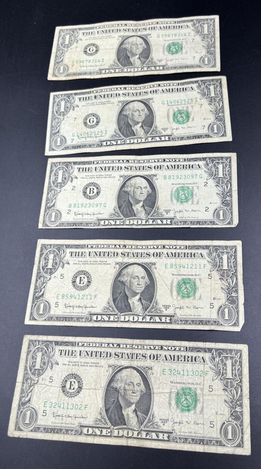 5 Note lot 1963 B $1 Barr Signature Federal Reserve Note FRN Green Seal G - VG 3