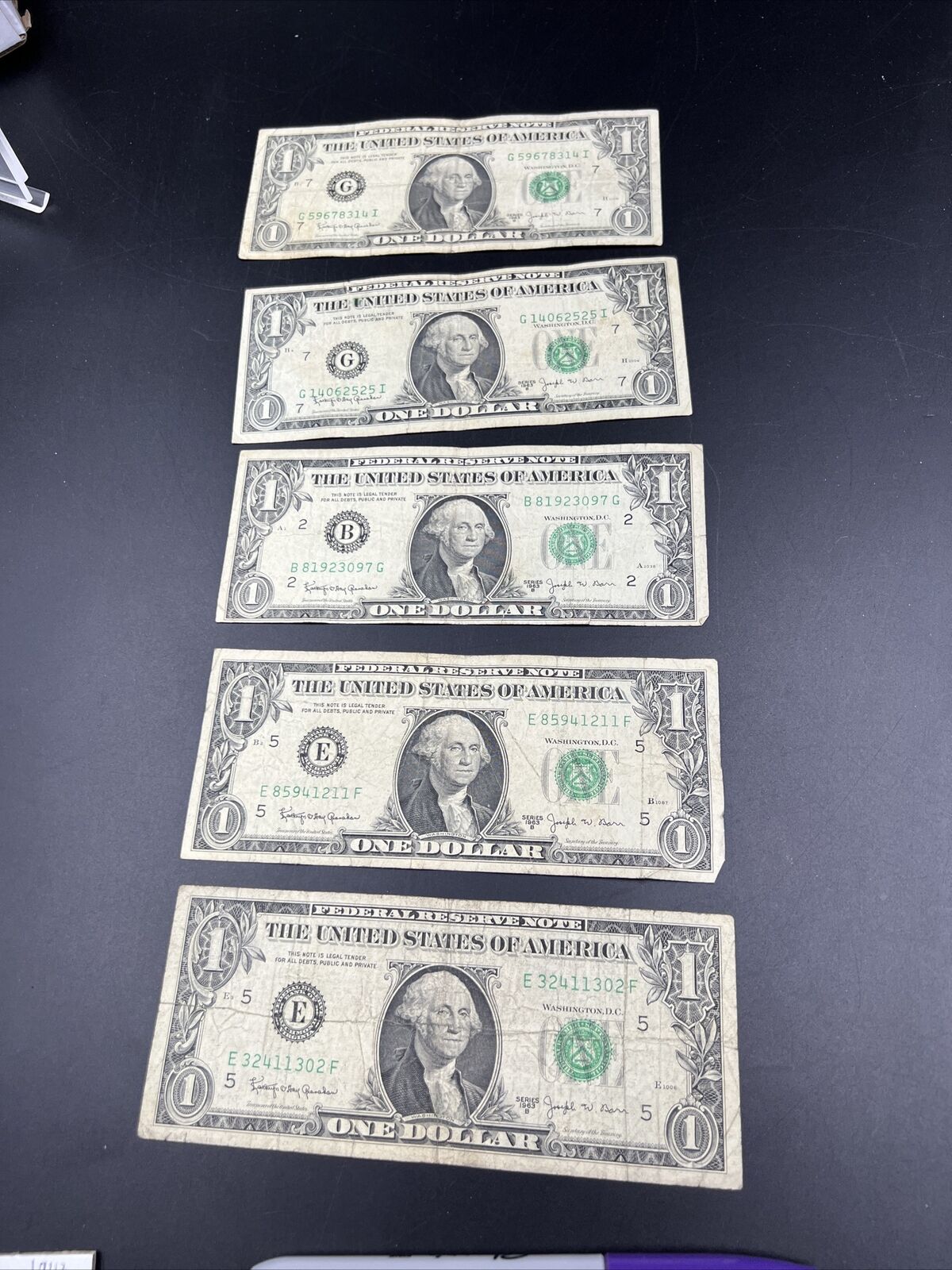 5 Note lot 1963 B $1 Barr Signature Federal Reserve Note FRN Green Seal G - VG 3