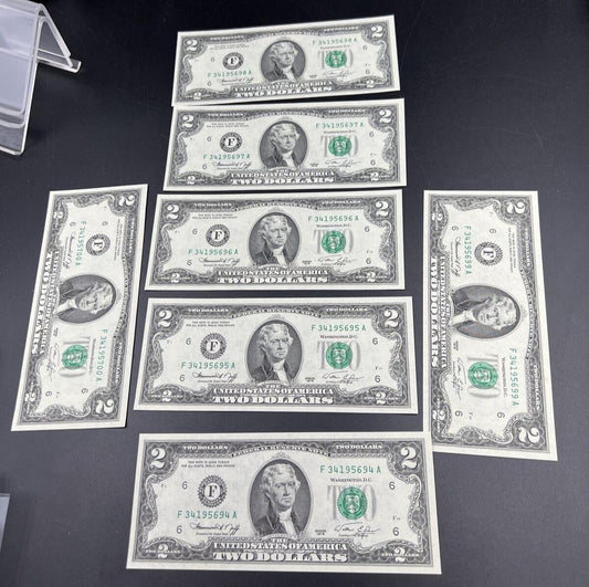 7 consecutive Note Lot 1976 $2 Bicentennial Bill Federal Reserve Note CHOICE UNC