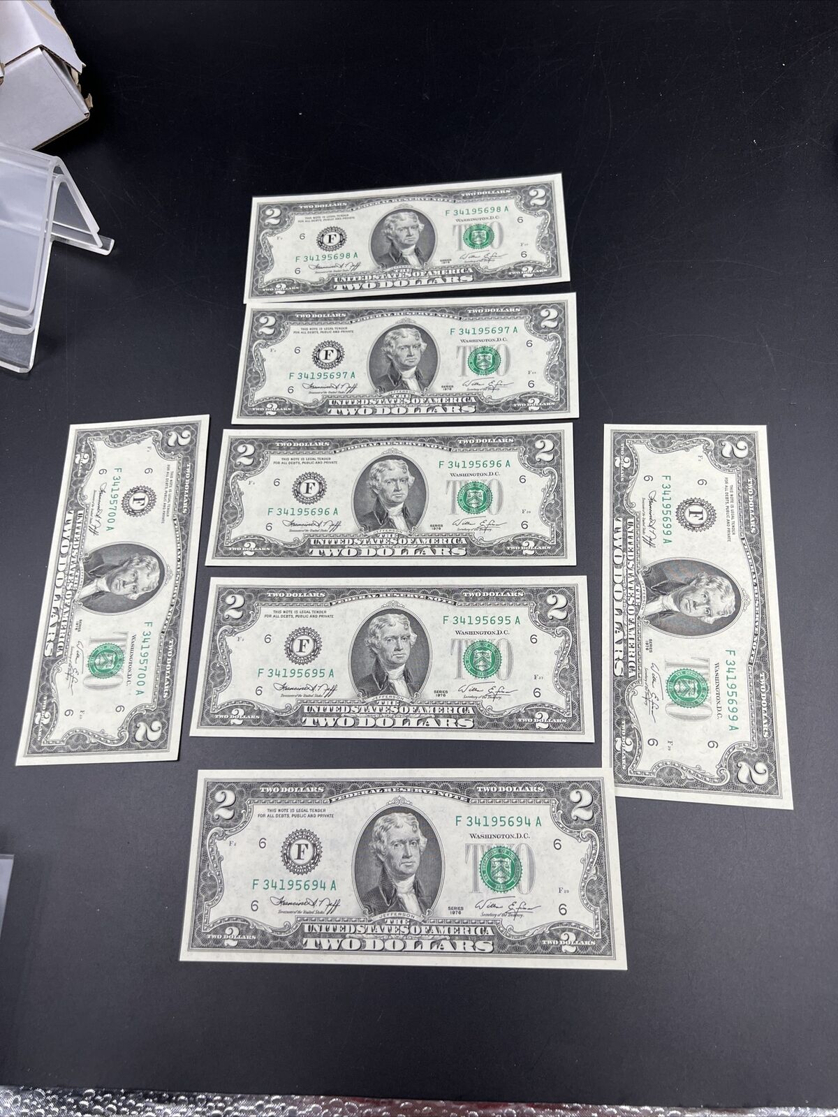 7 consecutive Note Lot 1976 $2 Bicentennial Bill Federal Reserve Note CHOICE UNC