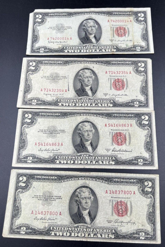 1953 A B C 4 Note Set $2 Red Seal Legal Tender Bills US Currency VG + #A