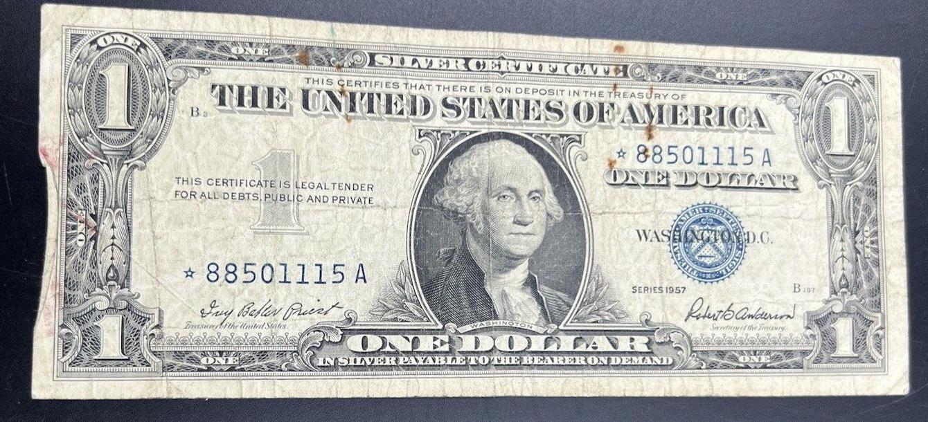 1957 $1 Silver certificate Very Circ * Star Replacement Note Repeat Serial #