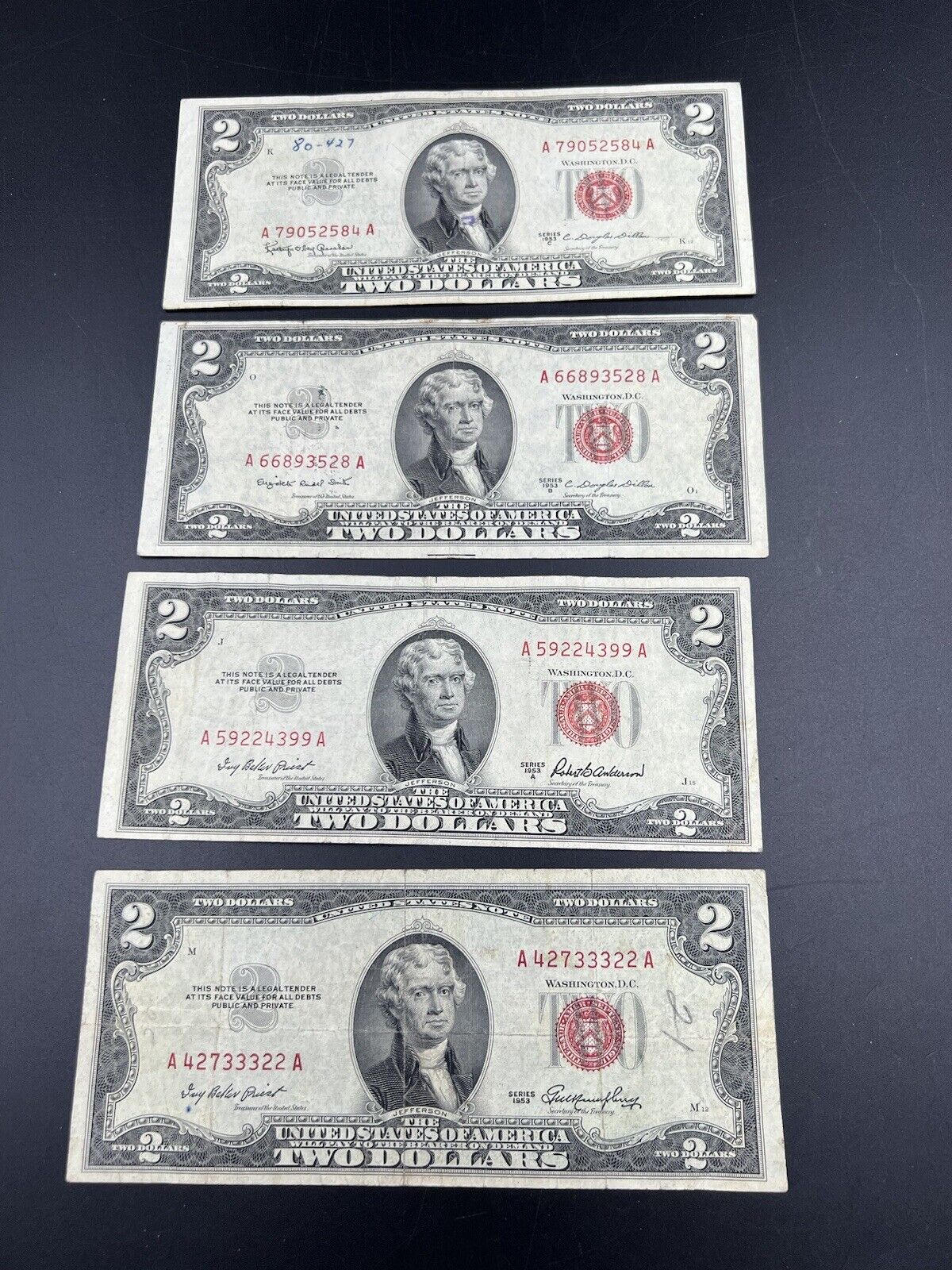 1953 A B C 4 Note Set $2 Red Seal Legal Tender Bills US Currency VG + / FINE