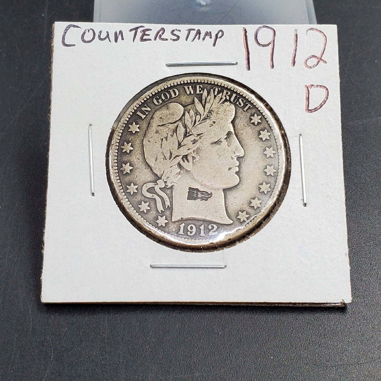 1912 D Barber Silver Half Dollar 50c Coin Counterstamp Counterstamped Fine Circ