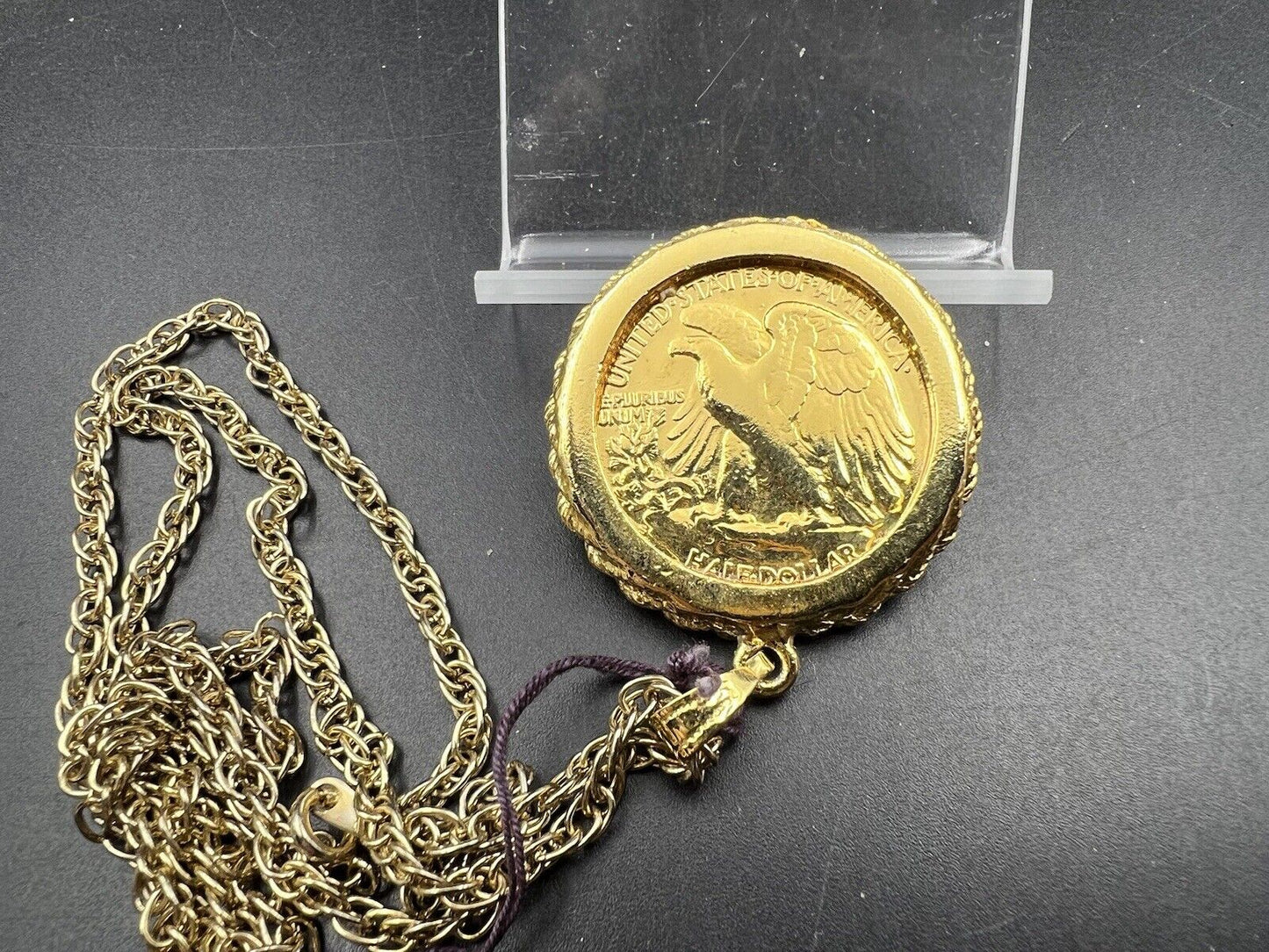 1943 P 90% Silver Walking Liberty Half Dollar in Gold Plated Metal Bezel w/Chain