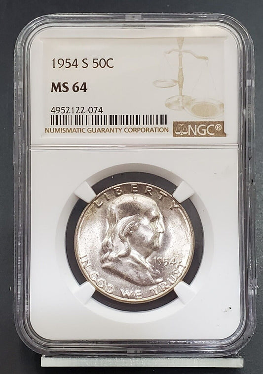 1954 S Franklin Silver Half Dollar Coin NGC MS64 Last Year of S Mint Franklin