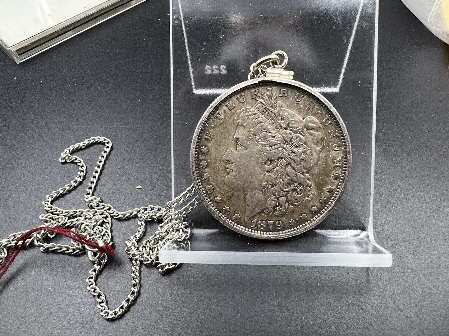 1879 $1 Morgan Silver Dollar Coin VF in Sterling Silver Bezel with metal Chain