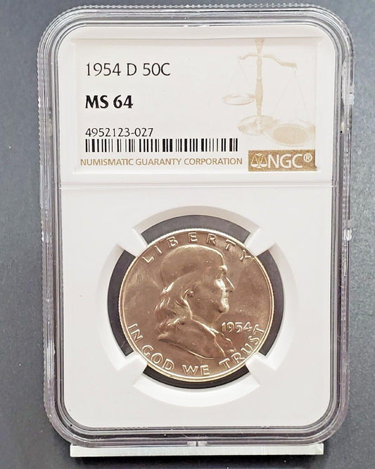 1954 D Franklin Silver Half Dollar Coin NGC MS64 Choice BU Certified