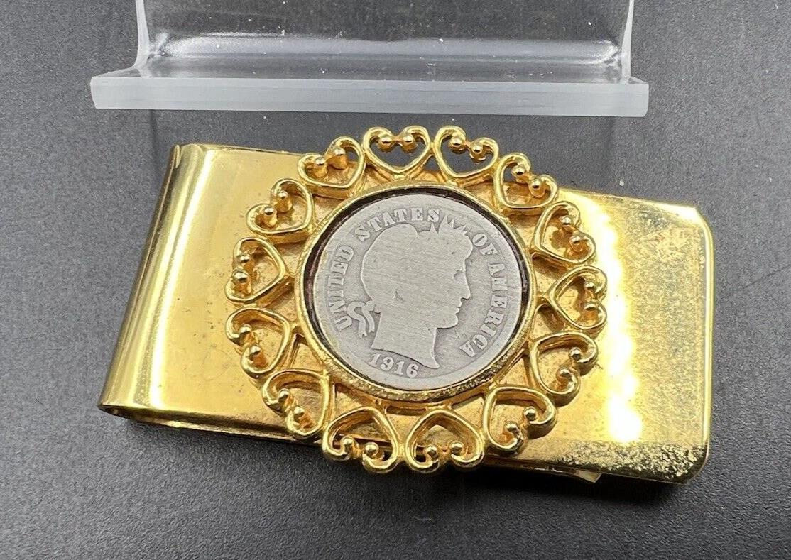 Gold Plated Money Clip with 1916 Lady Barber 90% Silver Dime Coin Used