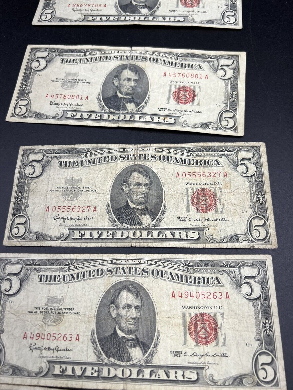 Lot of 5 1963 $5 Five Dollar United States Red Seal Legal Tender Cull -VG