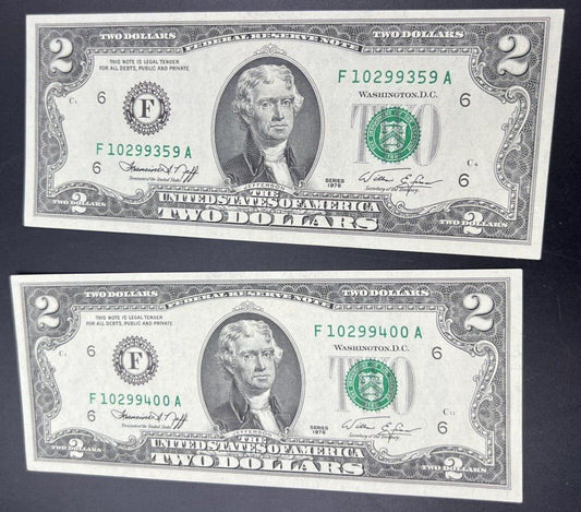 Consecutive pair 1976 $2 FRN Two Dollar Bill Birthday Note 10 29 93 & 94 UNC