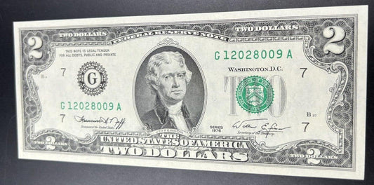 1976 $2 FRN Bicentennial Two Dollar Bill Green Seal Birthday Note 12 02 80 UNC