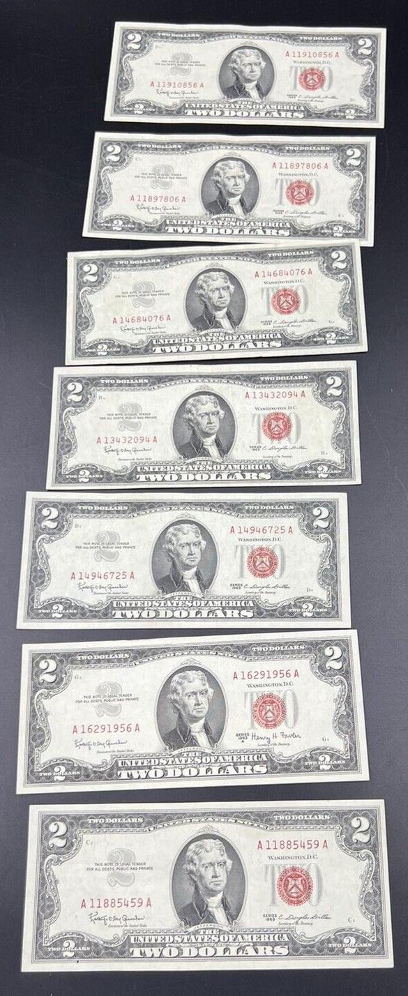 Lot of 7 XF+ 1963 $2 United States Currency Legal Tender Note Red Seal Extra Fin