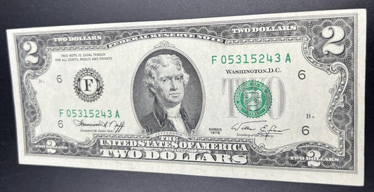 1976 $2 FRN Bicentennial Two Dollar Bill Green Seal Birthday Note 05 31 52 UNC