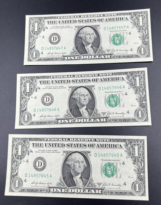 3 Consecutive Note Lot 1969 B $1 FRN Federal Reserve US Currency Bills CH UNC #B