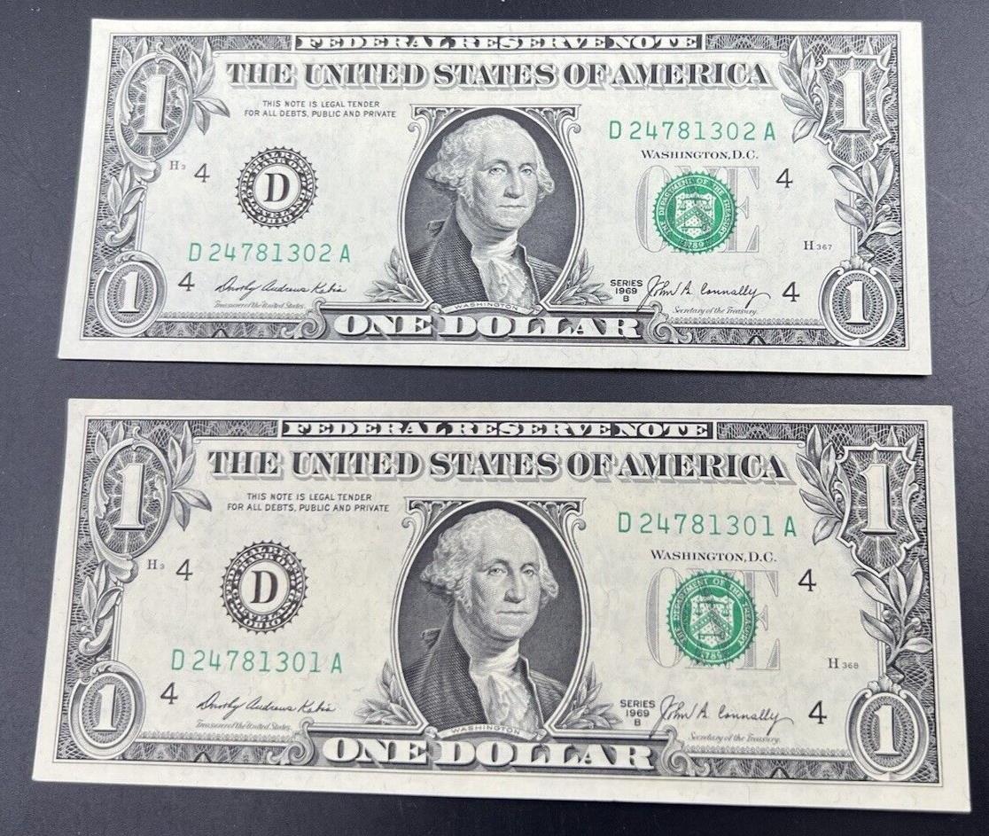 2 Consecutive Note Lot 1969 B $1 FRN Federal Reserve US Currency Bills CH UNC