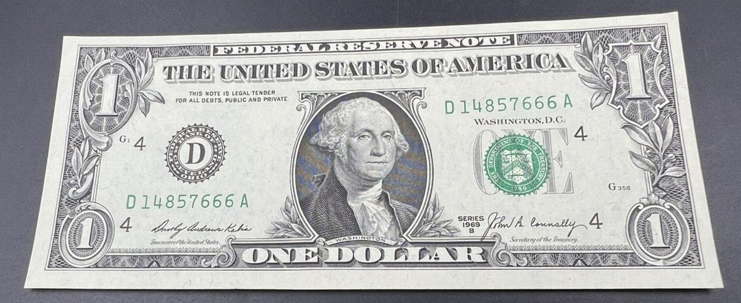 1969 B $1 FRN Federal Reserve US Currency Bill CH UNC Devils Serial # Note