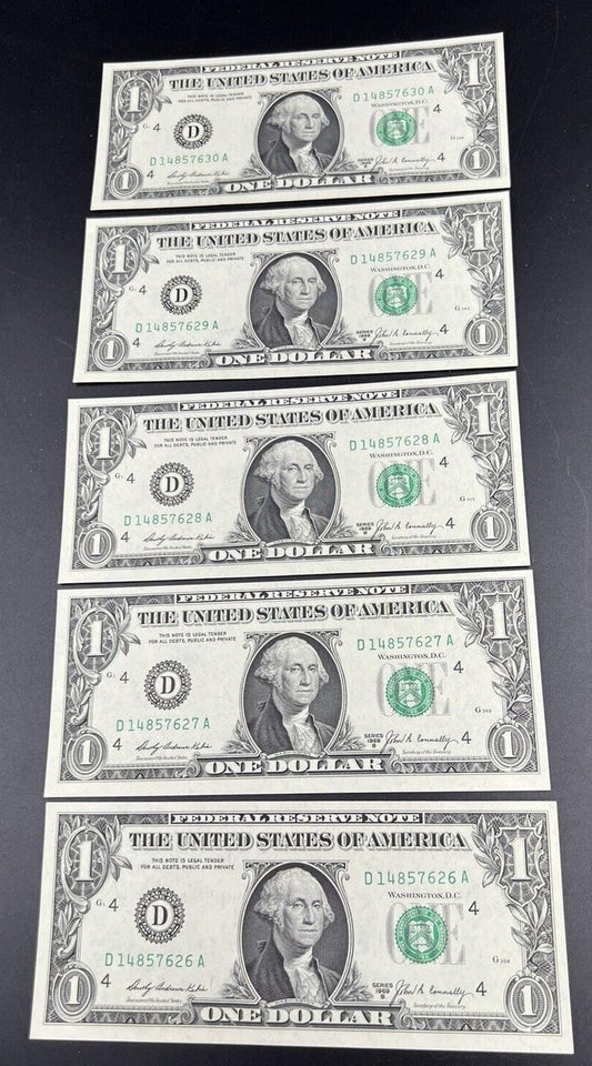 5 Consecutive Note Lot 1969 B $1 FRN Federal Reserve US Currency Bills CH UNC #A