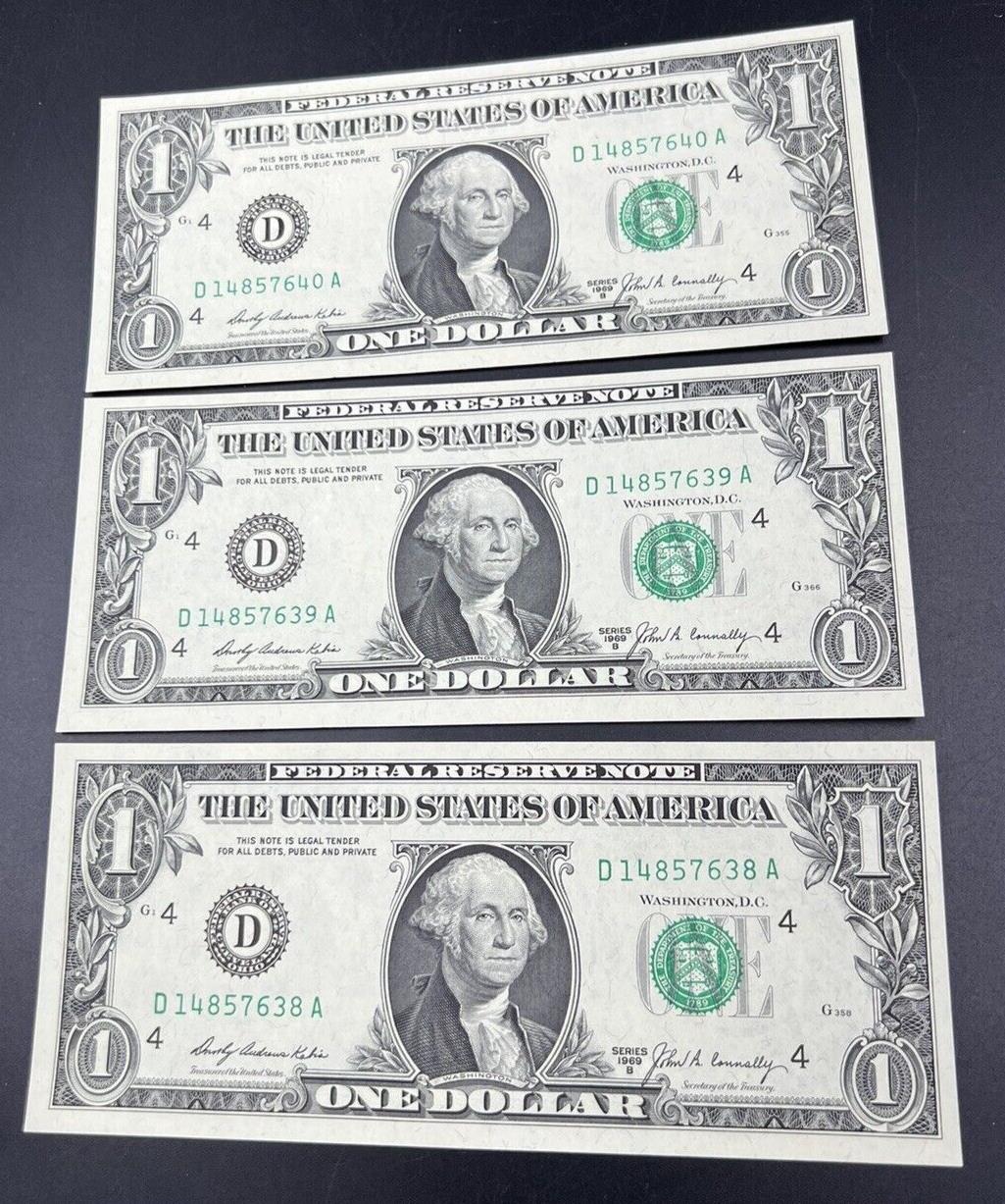 3 Consecutive Note Lot 1969 B $1 FRN Federal Reserve US Currency Bills CH UNC #A