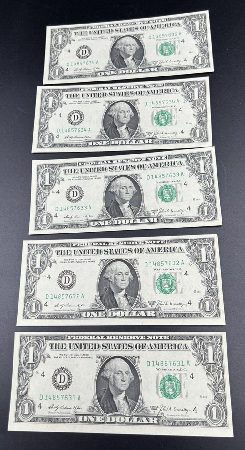 5 Consecutive Note Lot 1969 B $1 FRN Federal Reserve US Currency Bills CH UNC #B