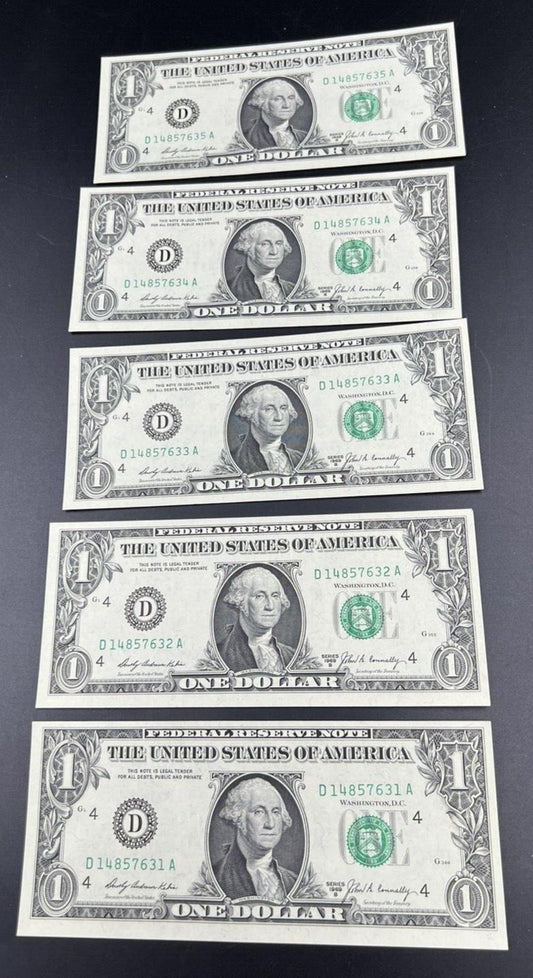 5 Consecutive Note Lot 1969 B $1 FRN Federal Reserve US Currency Bills CH UNC #B