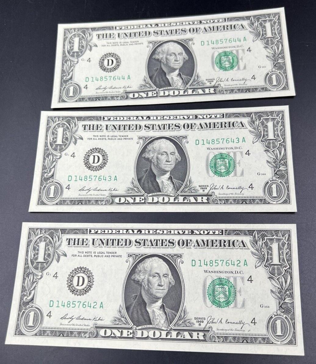 3 Consecutive Note Lot 1969 B $1 FRN Federal Reserve US Currency Bills CH UNC