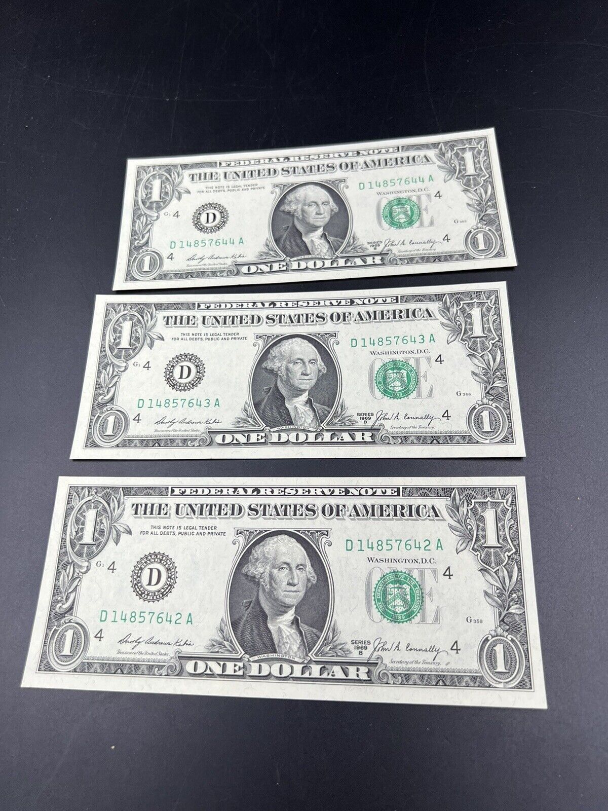 3 Consecutive Note Lot 1969 B $1 FRN Federal Reserve US Currency Bills CH UNC