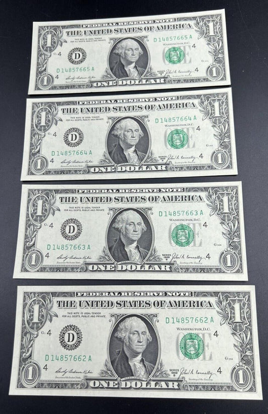 4 Consecutive Note Lot 1969 B $1 FRN Federal Reserve US Currency Bills CH UNC