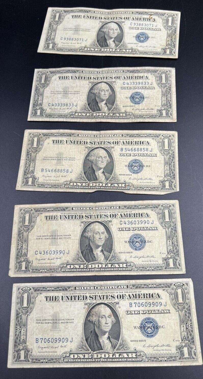 Lot of 5 1935 G $1 Silver Certificate Currency Notes VG+ No Motto Repeat Serial#