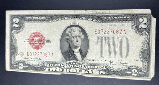 1928 G $2 Red Seal Legal Tender US Currency Bill Birthday Note 07 22 70 Corner T