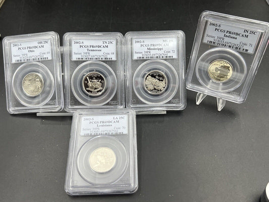 2002 S Complete 5 Coin CLAD Proof Quarter Set PCGS Graded PR69 DCAM