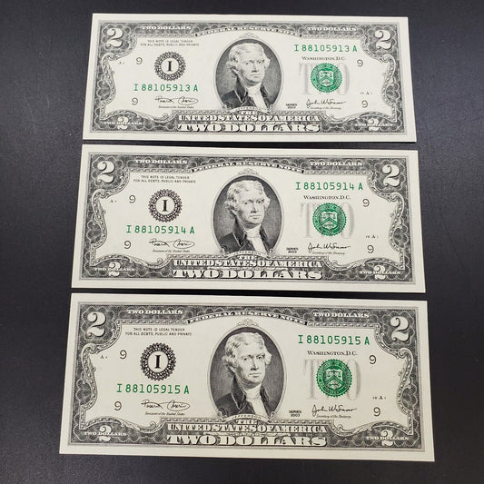 3 Consecutive $2 2003 FRN FEDERAL RESERVE NOTE CH Unc Dollar Bill Green Seal #A