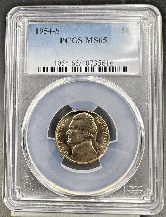 1954 S 5c Jefferson Nickel Coin PCGS MS65 Gem BU Certified