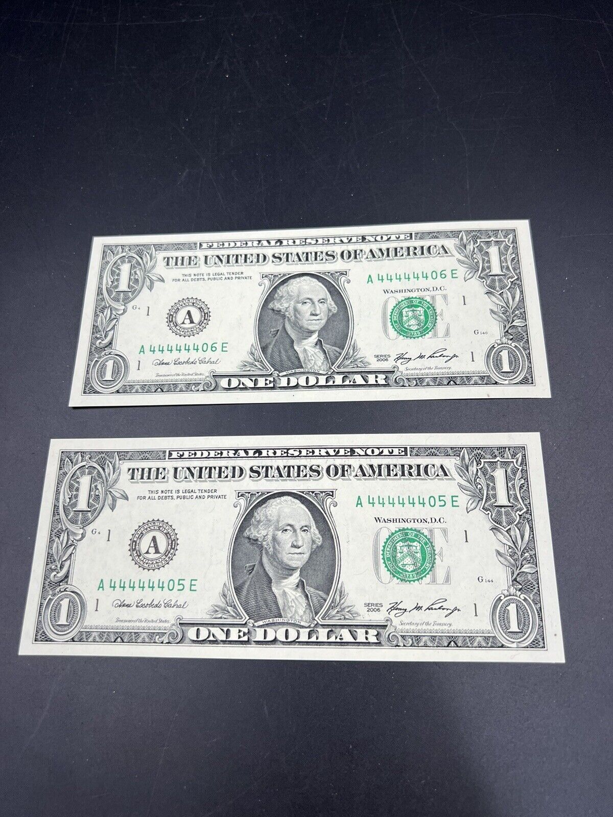 2 Consecutive 2006 $1 FRN SIXTUPLE REPEATER Serial Numbers 44444401-3 CH UNC